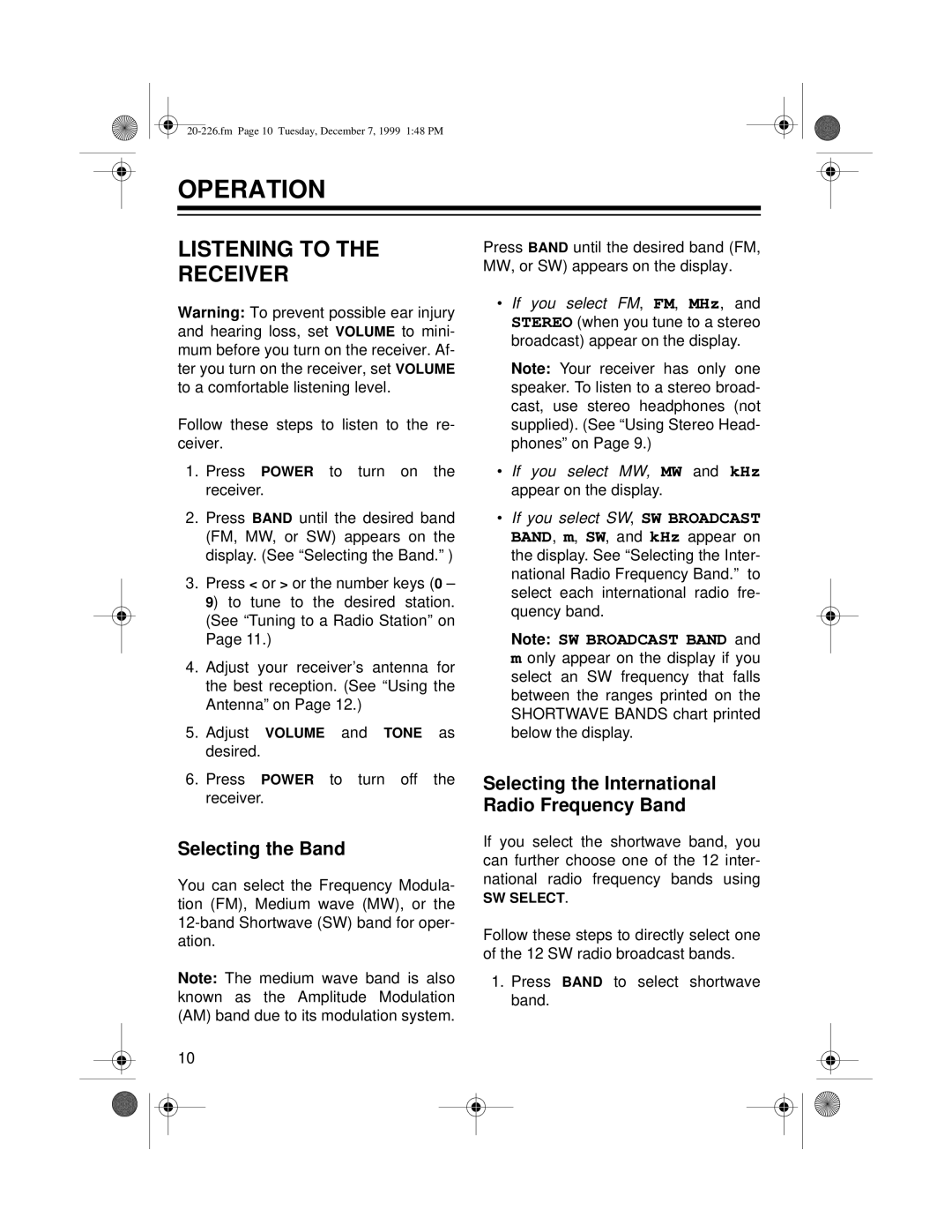 Radio Shack DX-396 Operation, Listening to Receiver, Selecting the Band, Selecting the International Radio Frequency Band 