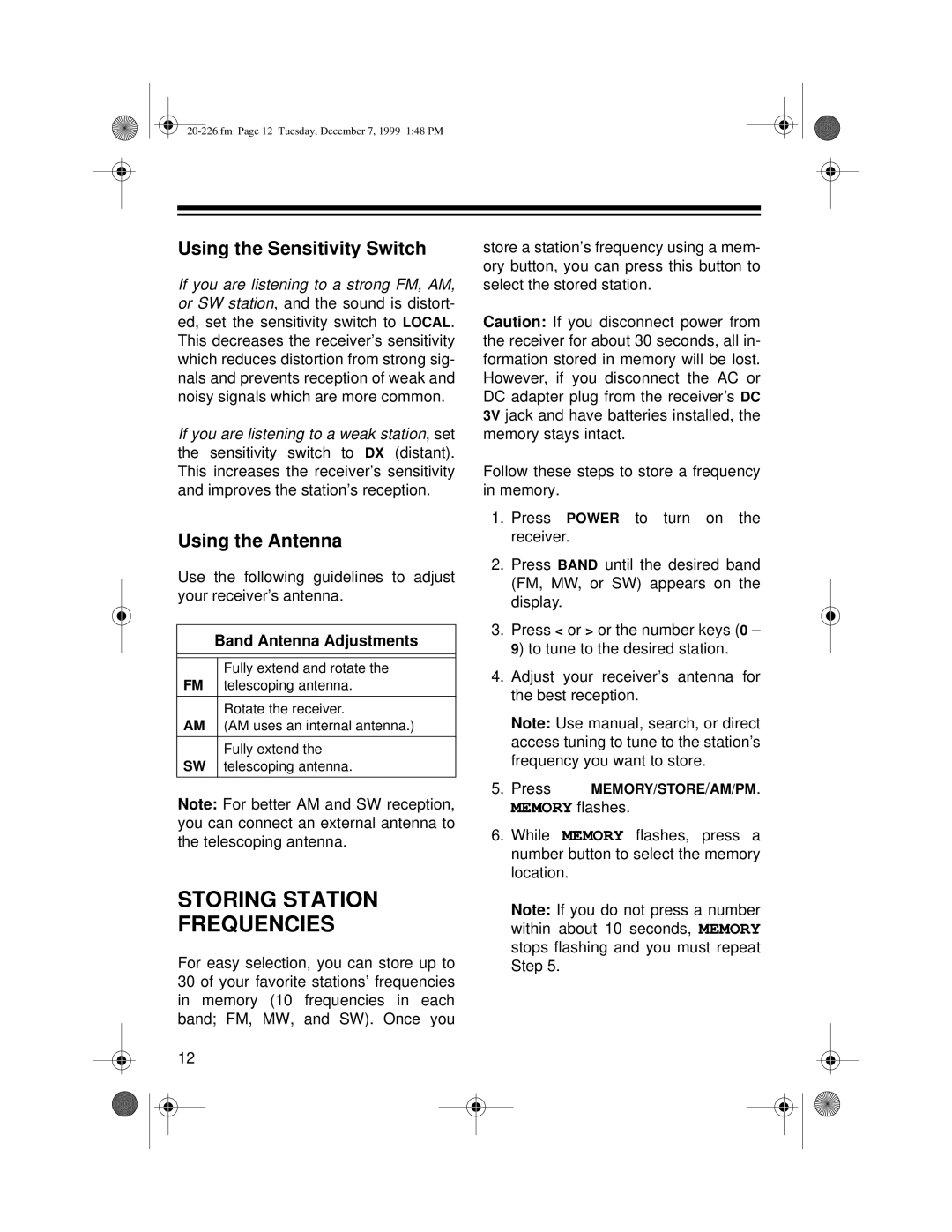 Radio Shack DX-396 owner manual Storing Station Frequencies, Using the Sensitivity Switch, Using the Antenna 