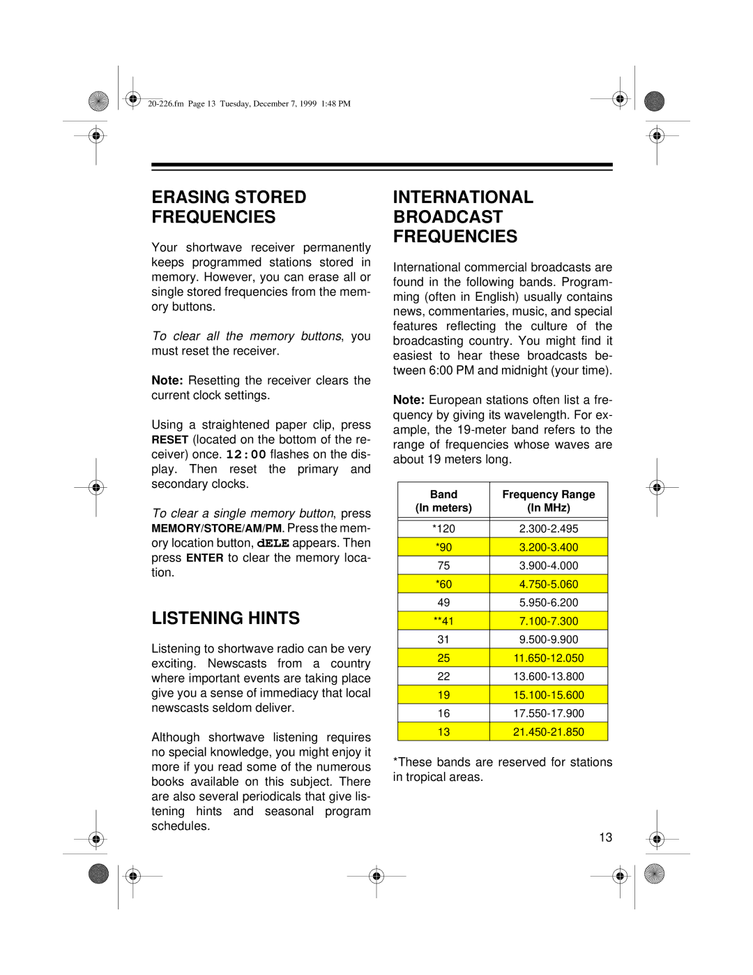 Radio Shack DX-396 owner manual Erasing Stored Frequencies, Listening Hints, International Broadcast Frequencies 