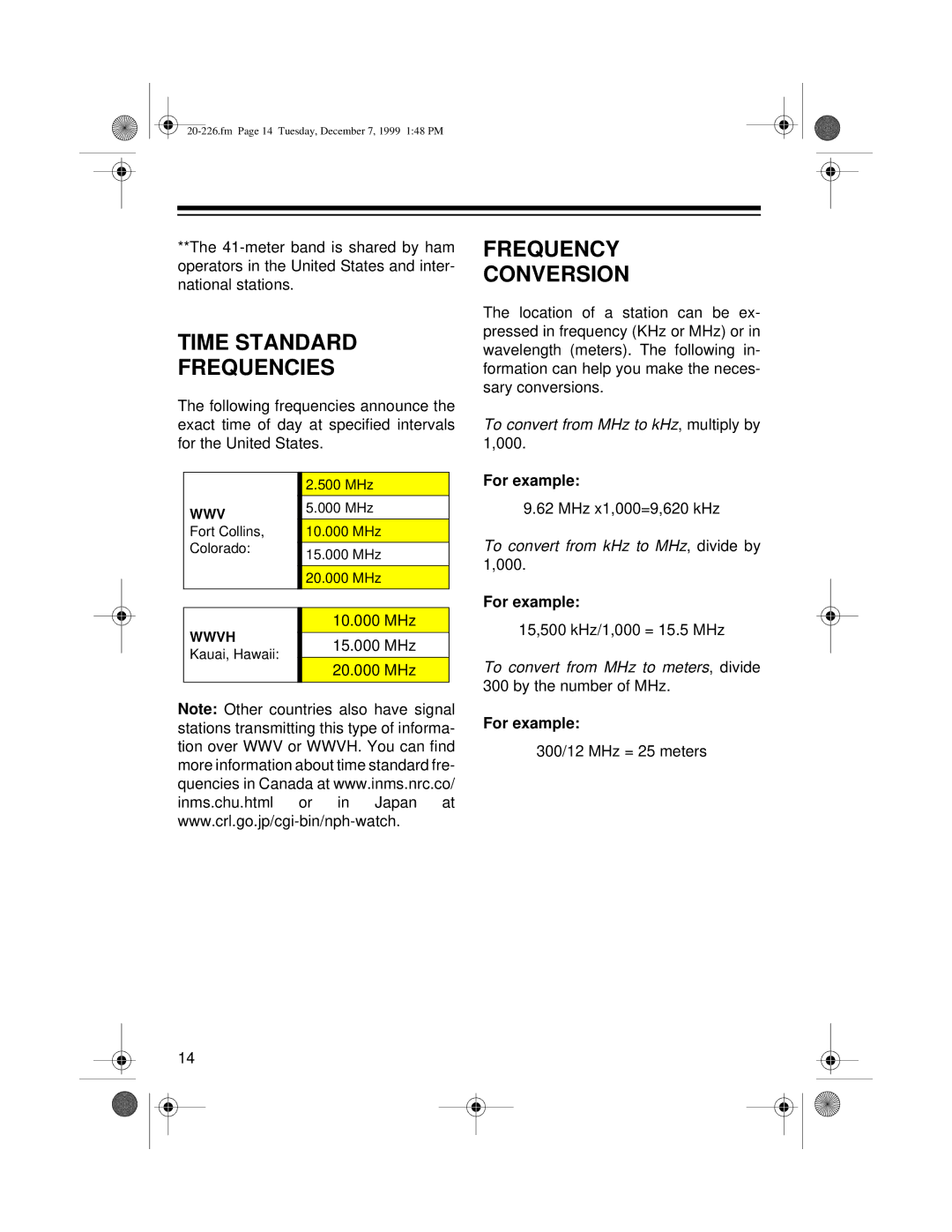 Radio Shack DX-396 owner manual Time Standard Frequencies, Frequency Conversion 