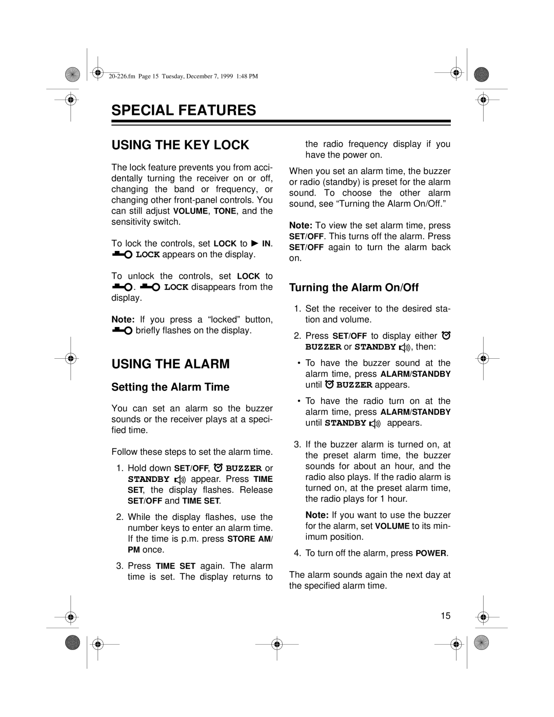 Radio Shack DX-396 Special Features, Using the KEY Lock, Using the Alarm, Setting the Alarm Time, Turning the Alarm On/Off 