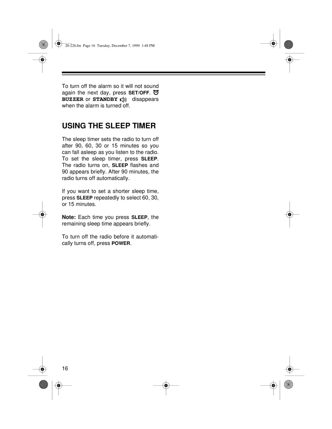 Radio Shack DX-396 owner manual Using the Sleep Timer 