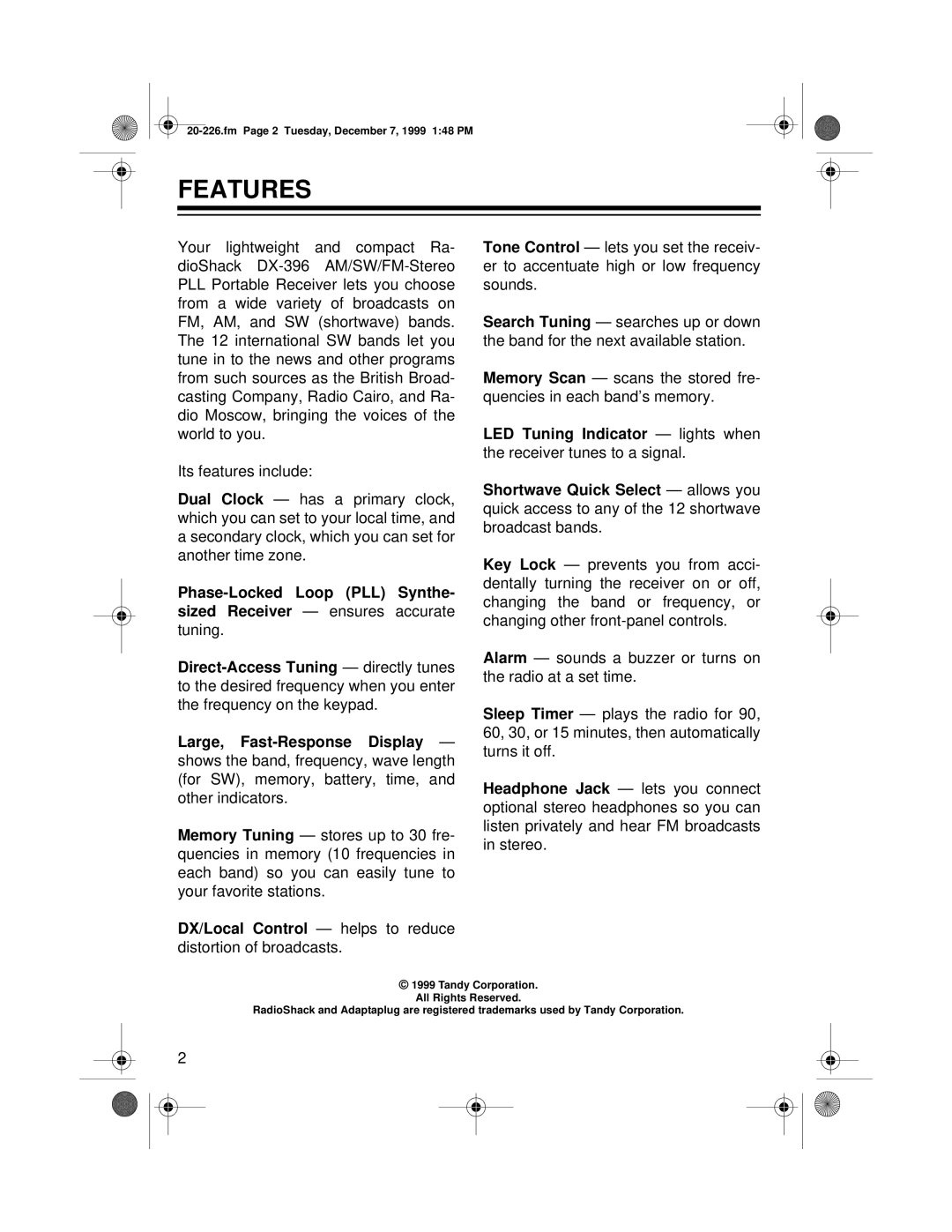 Radio Shack DX-396 owner manual Features 