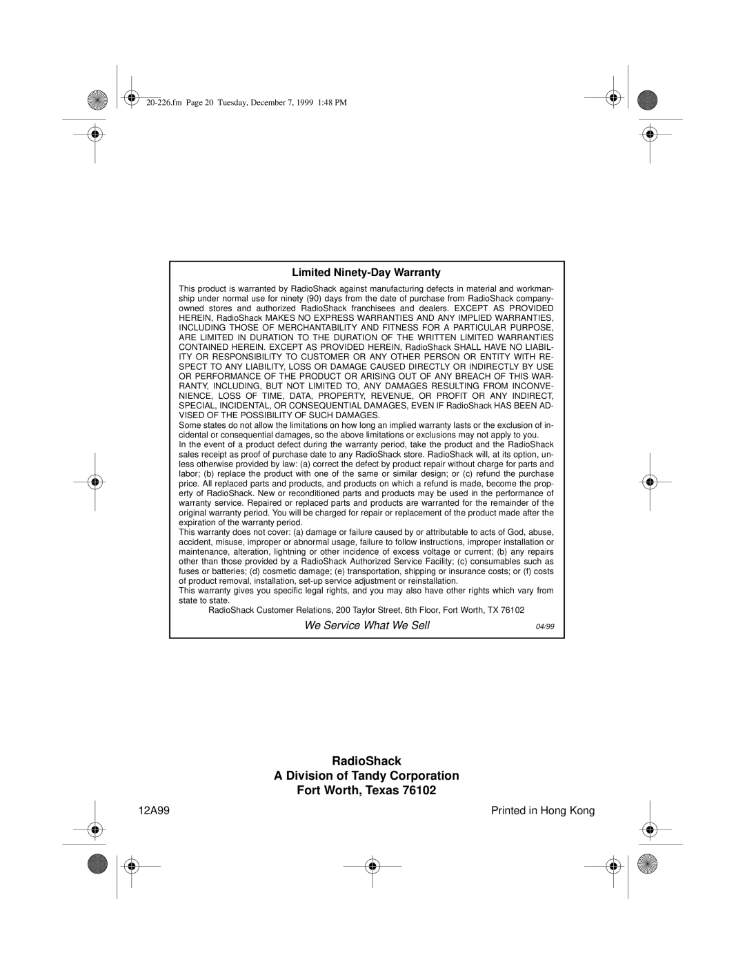 Radio Shack DX-396 owner manual RadioShack Division of Tandy Corporation Fort Worth, Texas 