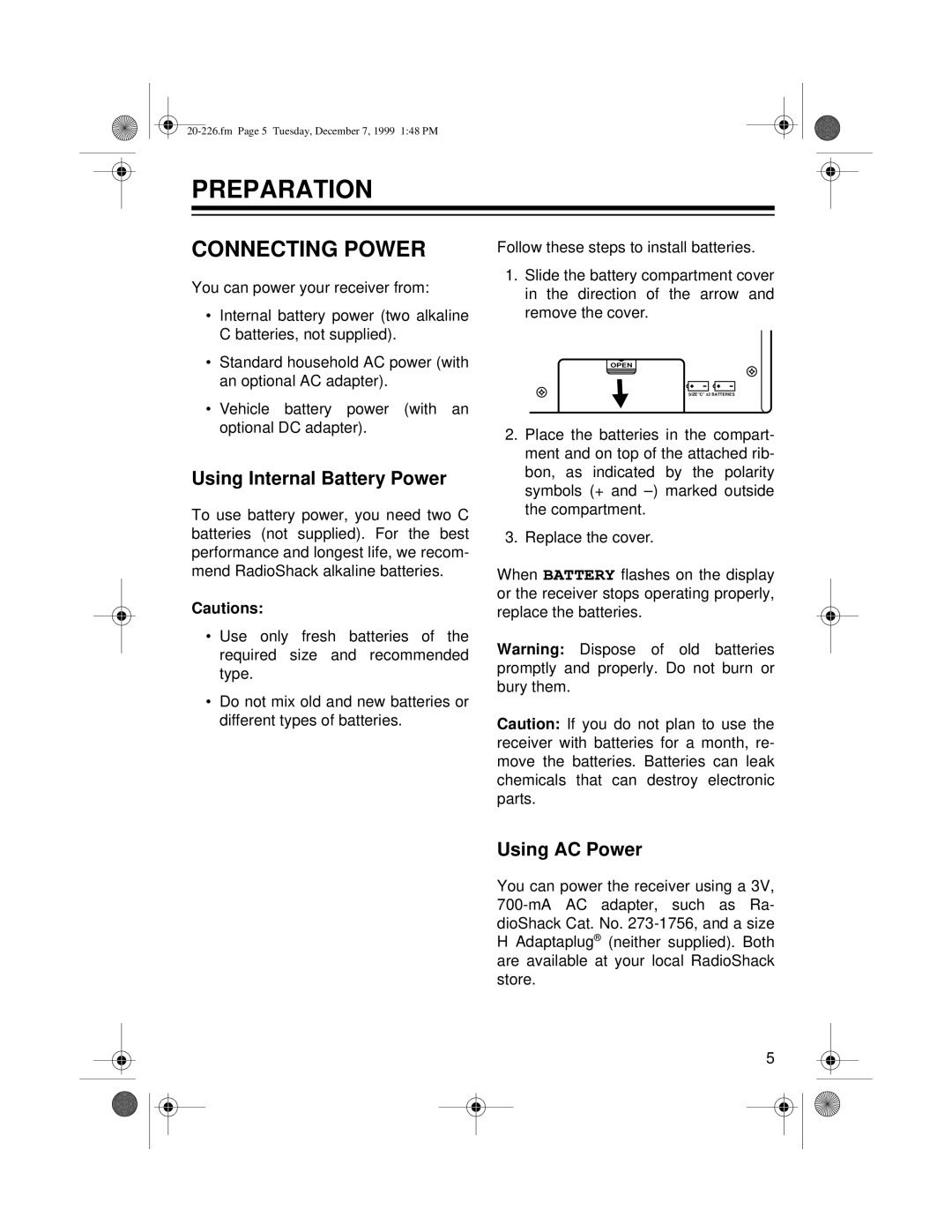 Radio Shack DX-396 owner manual Preparation, Connecting Power, Using Internal Battery Power, Using AC Power 