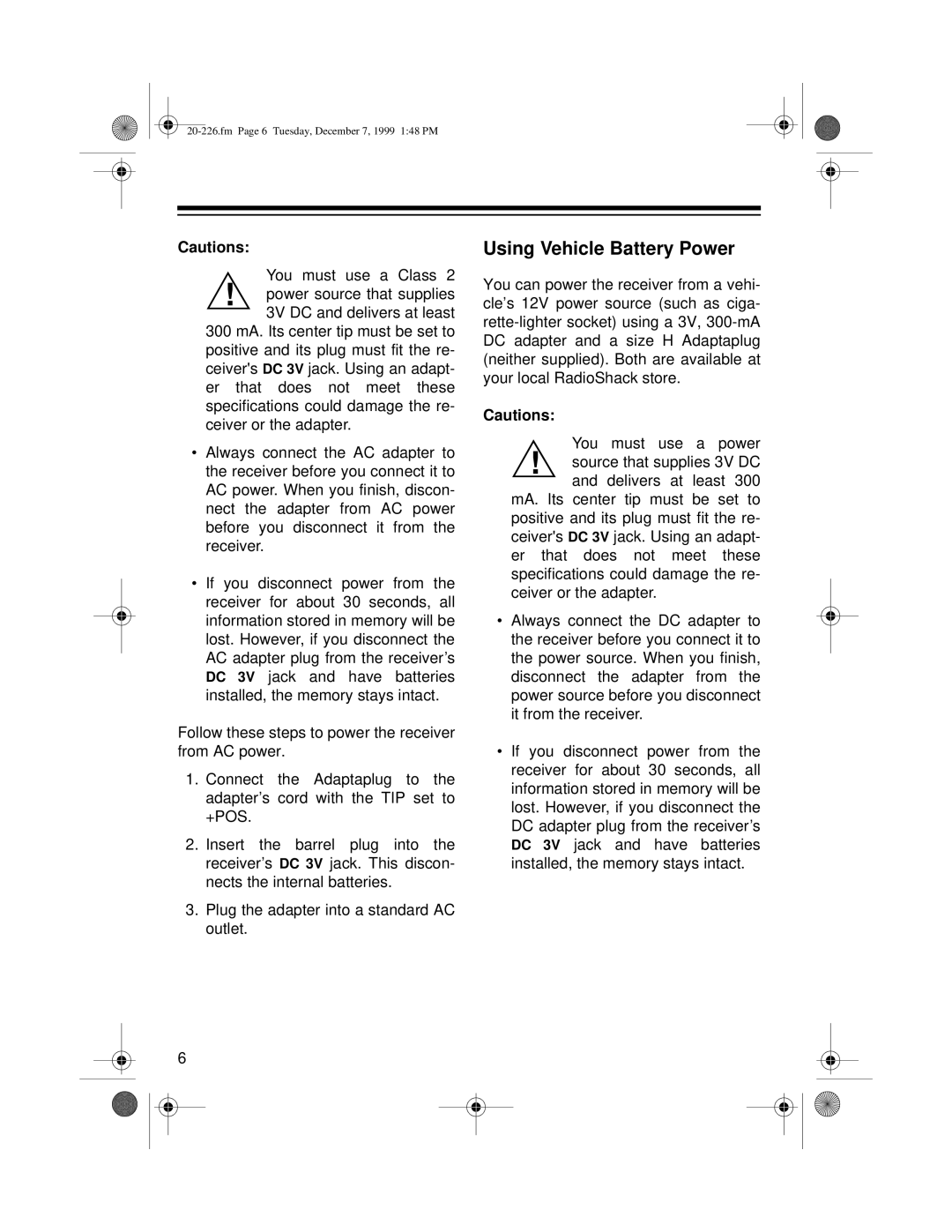 Radio Shack DX-396 owner manual Using Vehicle Battery Power 