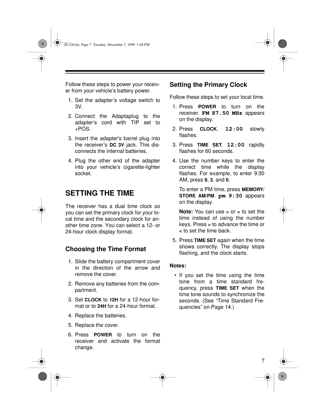 Radio Shack DX-396 owner manual Setting the Time, Choosing the Time Format, Setting the Primary Clock 