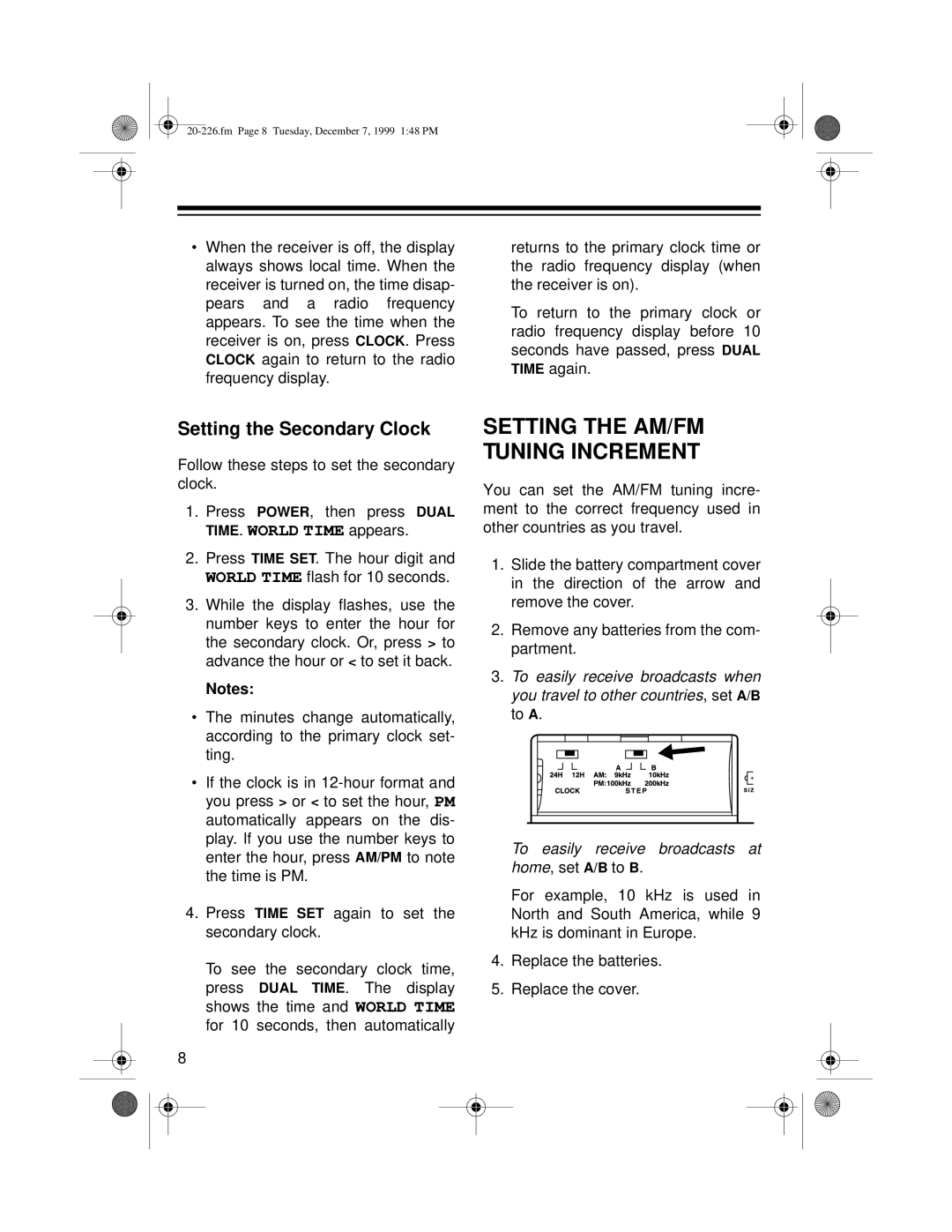 Radio Shack DX-396 owner manual Setting the AM/FM Tuning Increment, Setting the Secondary Clock 