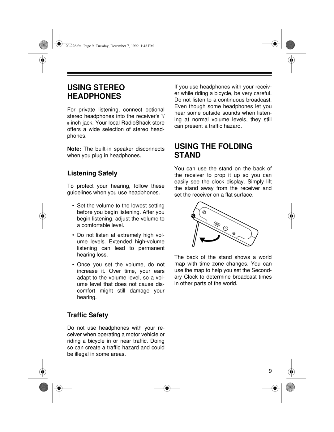 Radio Shack DX-396 owner manual Using Stereo Headphones, Using the Folding Stand, Listening Safely, Traffic Safety 