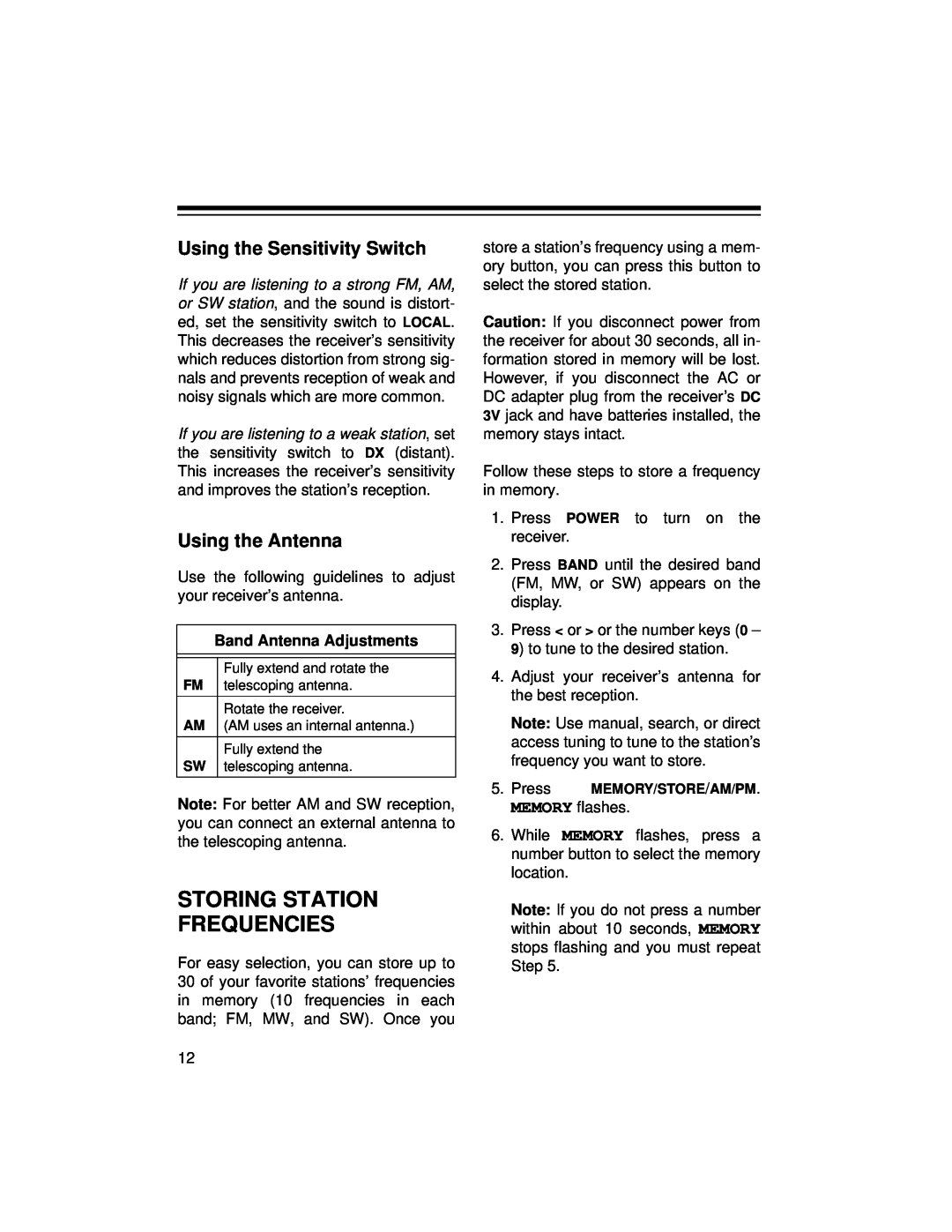 Radio Shack DX-396 owner manual Storing Station Frequencies, Using the Sensitivity Switch, Using the Antenna 