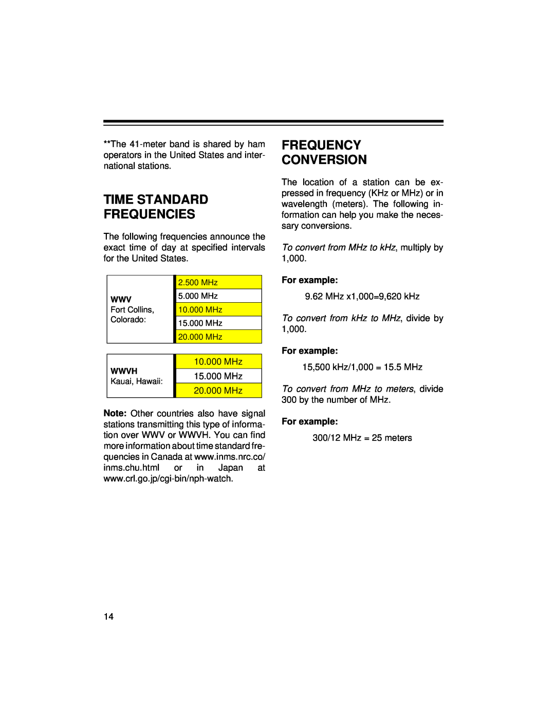 Radio Shack DX-396 owner manual Time Standard Frequencies, Frequency Conversion, For example 