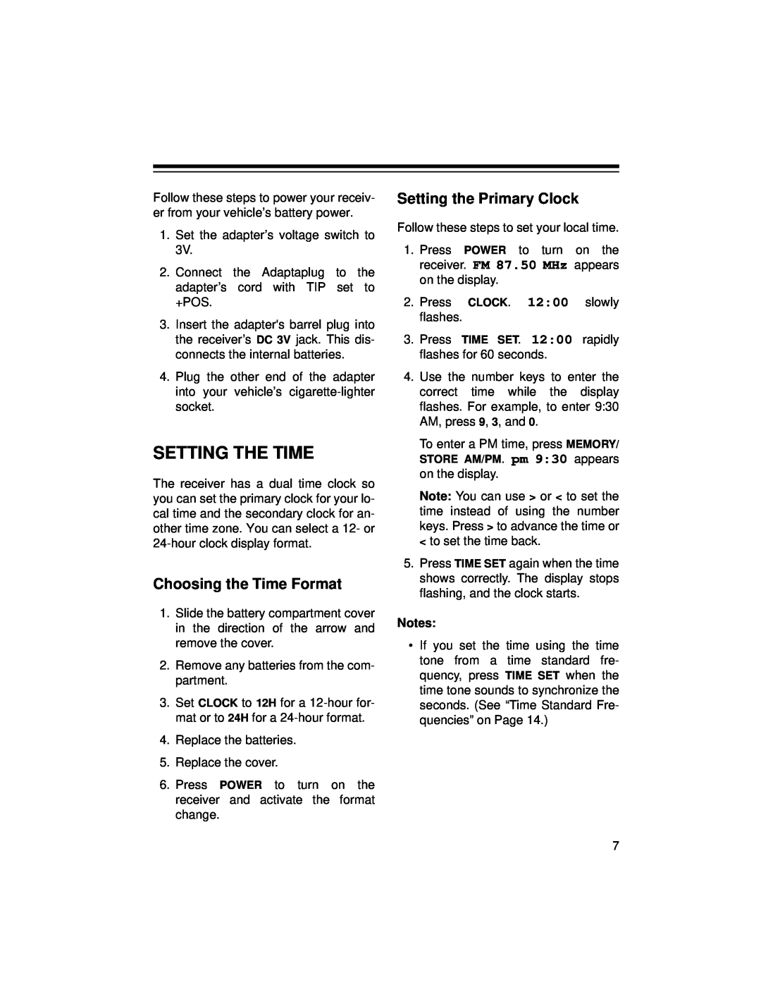 Radio Shack DX-396 owner manual Setting The Time, Choosing the Time Format, Setting the Primary Clock 