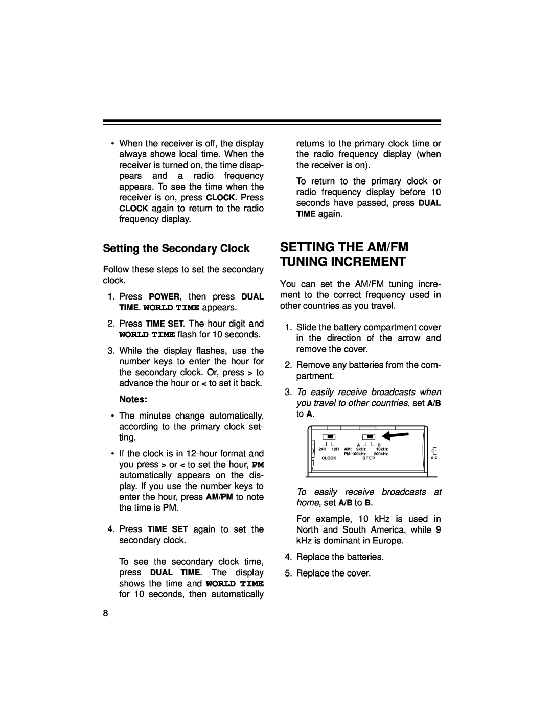 Radio Shack DX-396 owner manual Setting the Secondary Clock, Setting The Am/Fm Tuning Increment 