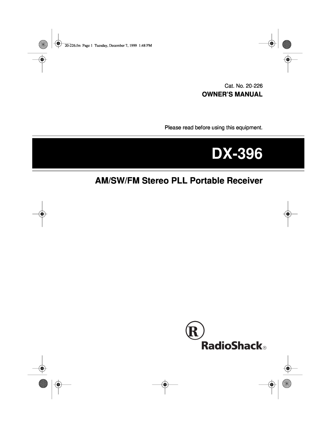 Radio Shack DX-396 owner manual AM/SW/FM Stereo PLL Portable Receiver, Owner’S Manual 