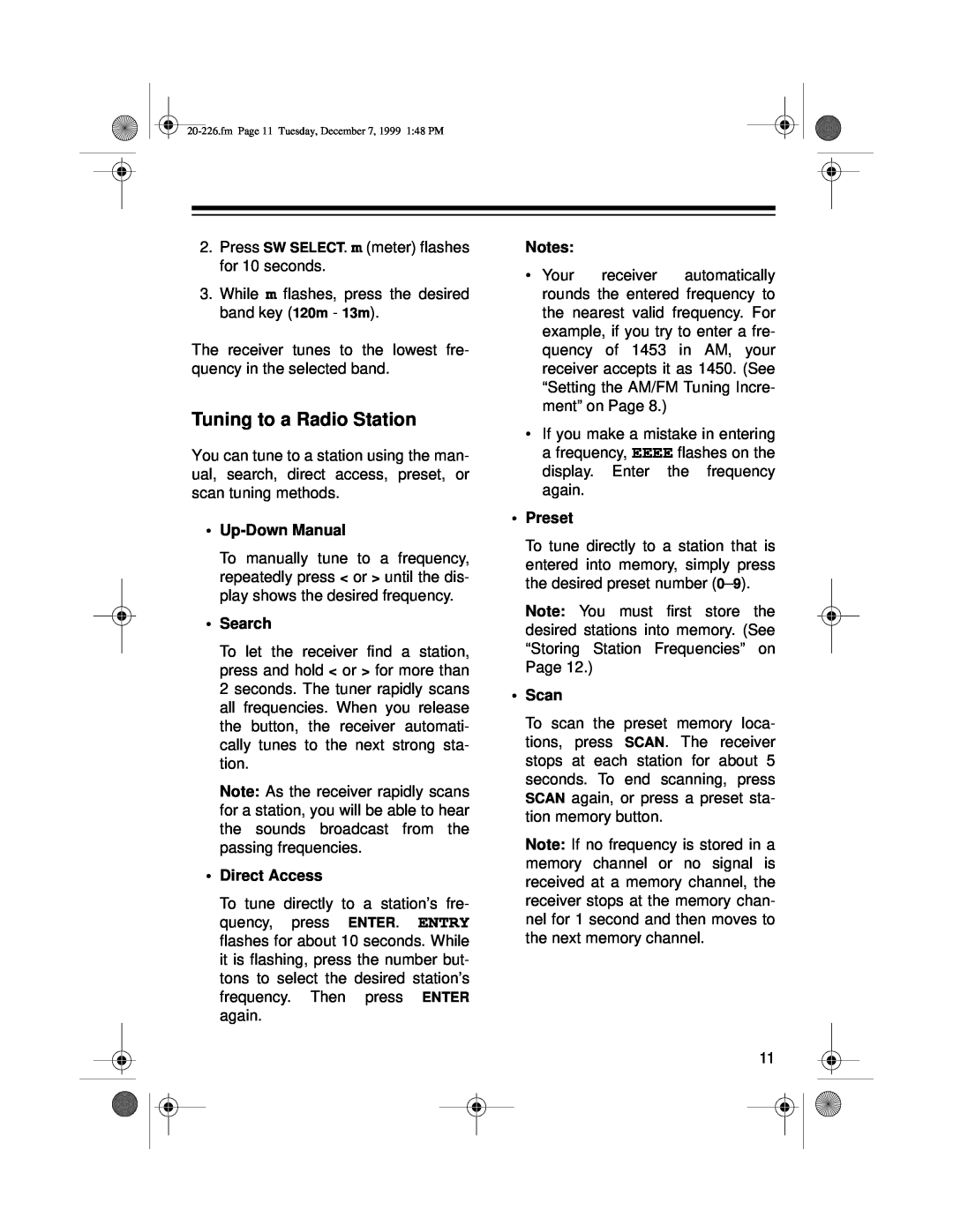 Radio Shack DX-396 owner manual Tuning to a Radio Station, •Up-DownManual, •Search, •Direct Access, Notes, •Preset, •Scan 