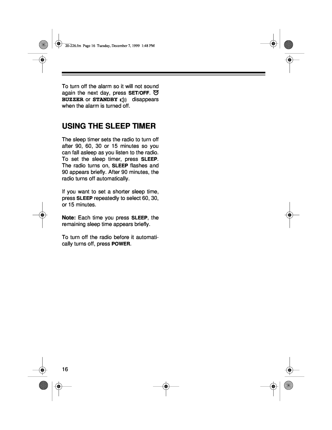 Radio Shack DX-396 owner manual Using The Sleep Timer 