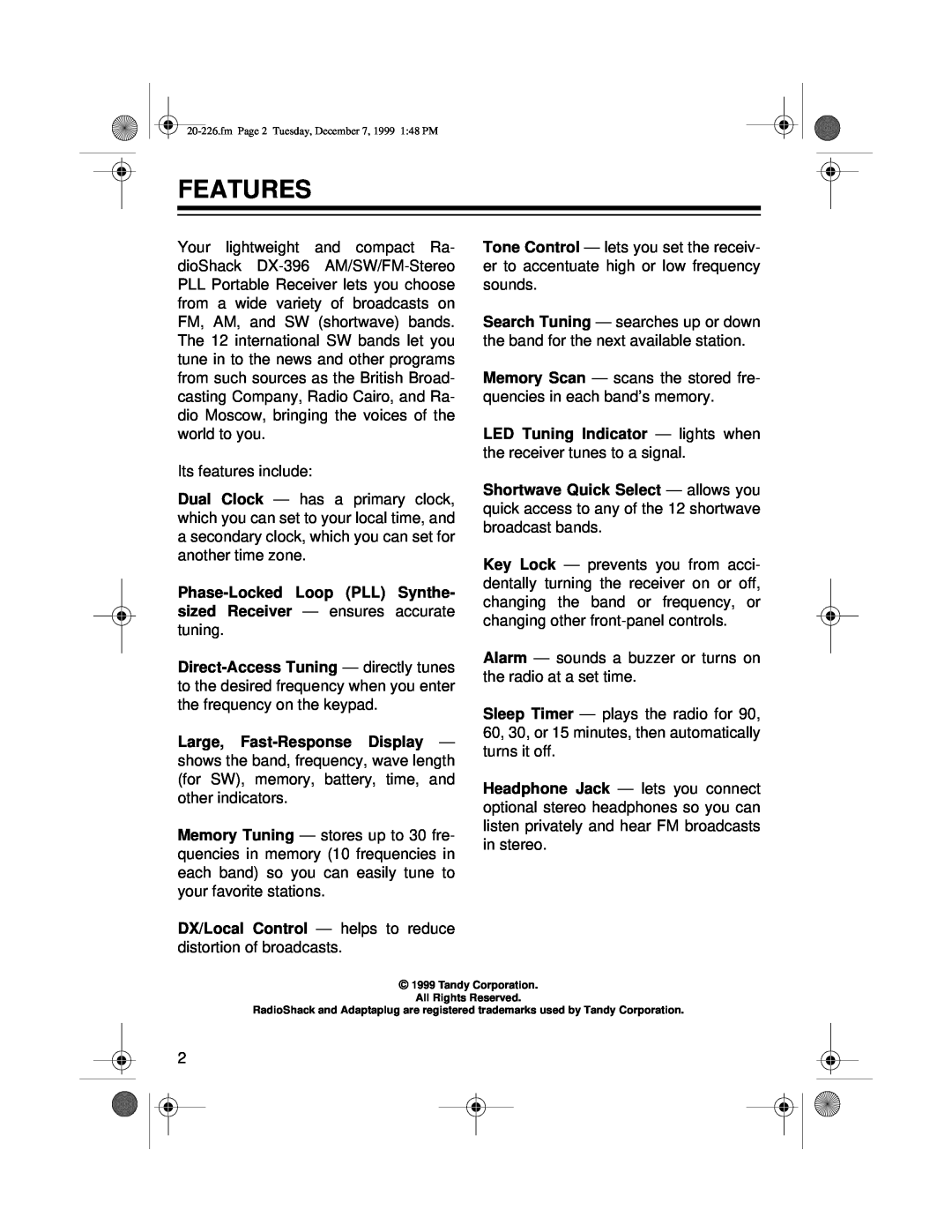 Radio Shack DX-396 owner manual Features 