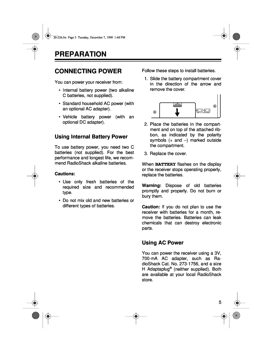 Radio Shack DX-396 owner manual Preparation, Connecting Power, Using Internal Battery Power, Using AC Power 