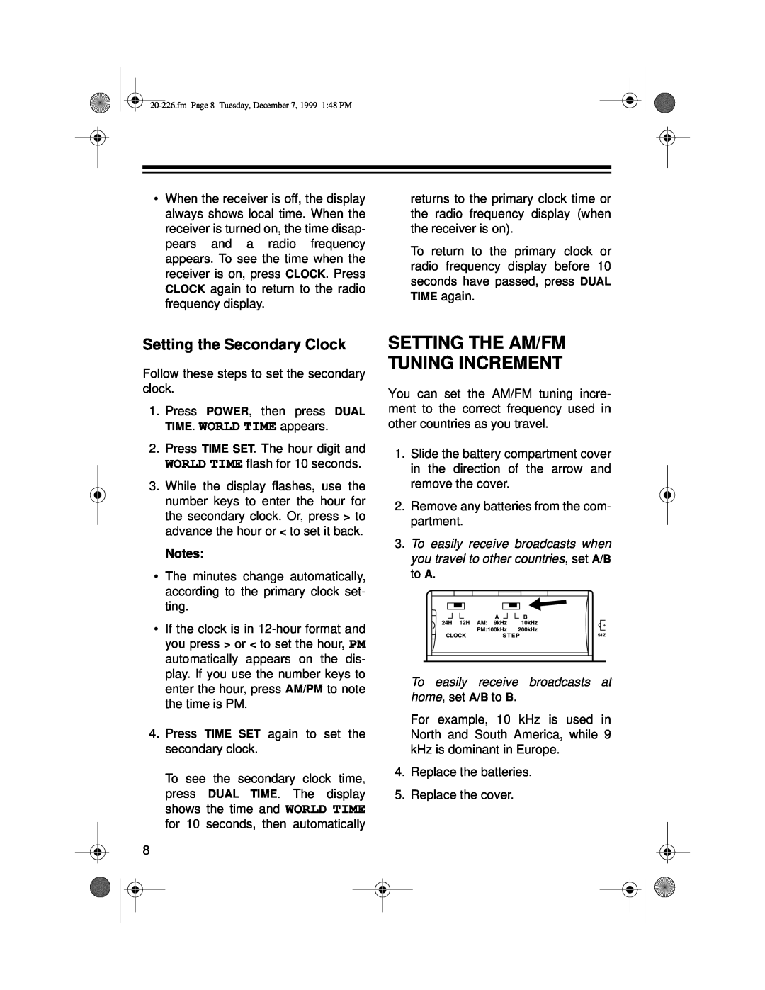 Radio Shack DX-396 owner manual Setting the Secondary Clock, Setting The Am/Fm Tuning Increment 