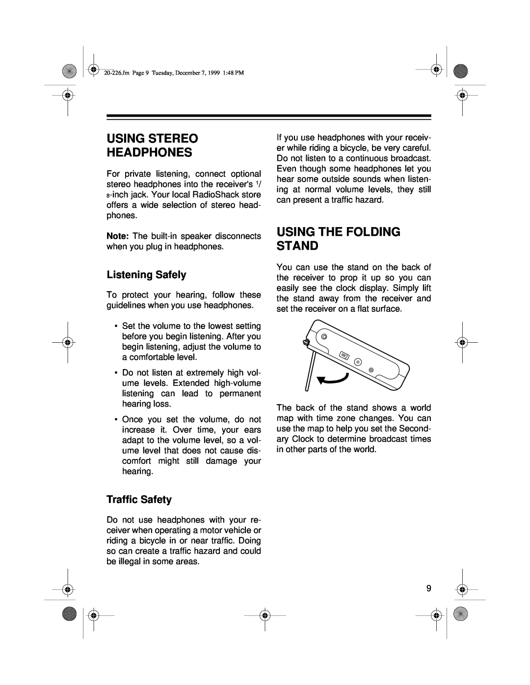 Radio Shack DX-396 owner manual Using Stereo Headphones, Using The Folding Stand, Listening Safely, Traffic Safety 