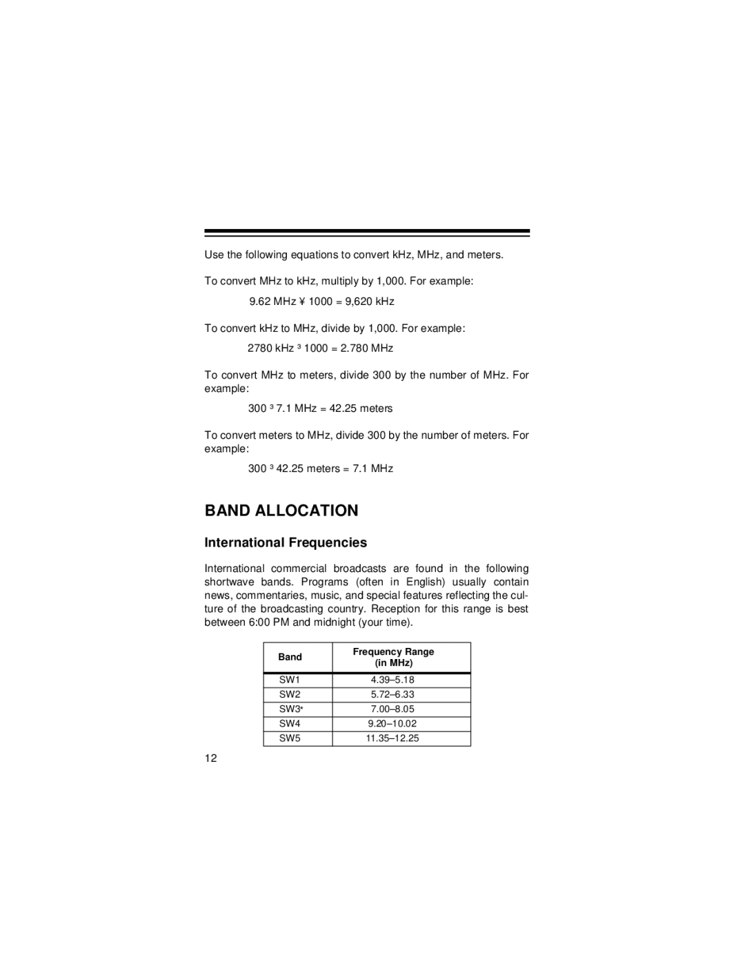 Radio Shack DX-397 owner manual Band Allocation, International Frequencies 