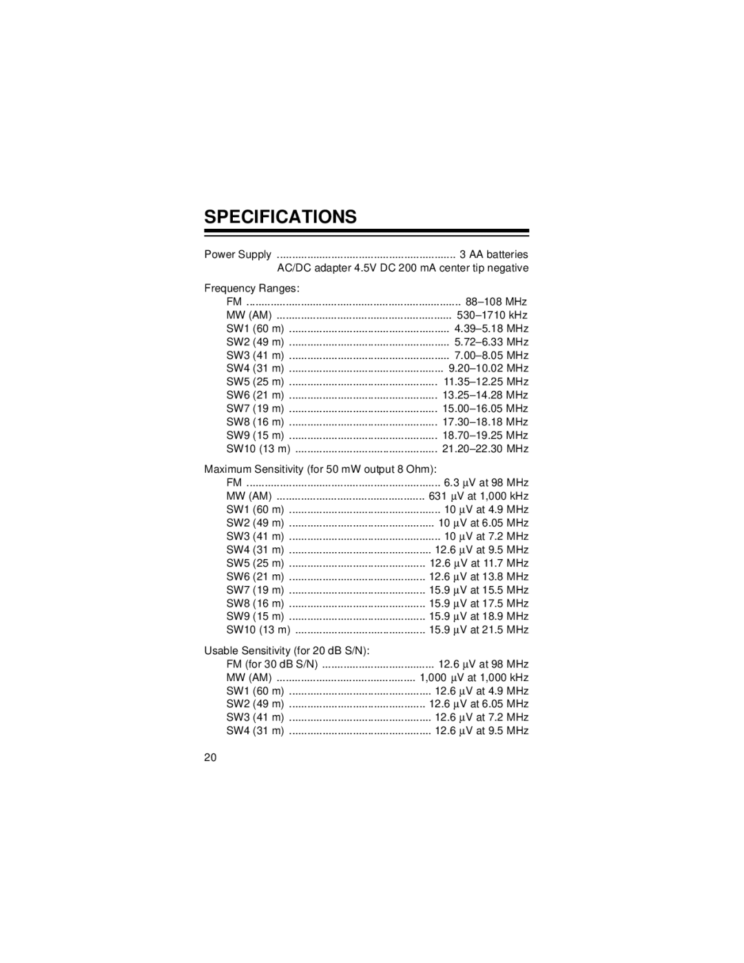 Radio Shack DX-397 owner manual Specifications, Mw Am 