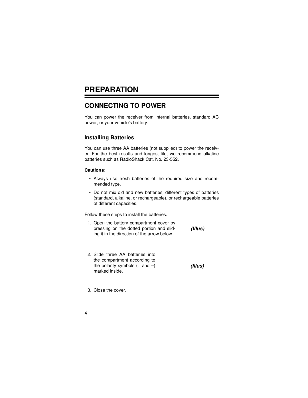 Radio Shack DX-397 owner manual Preparation, Connecting to Power, Installing Batteries 