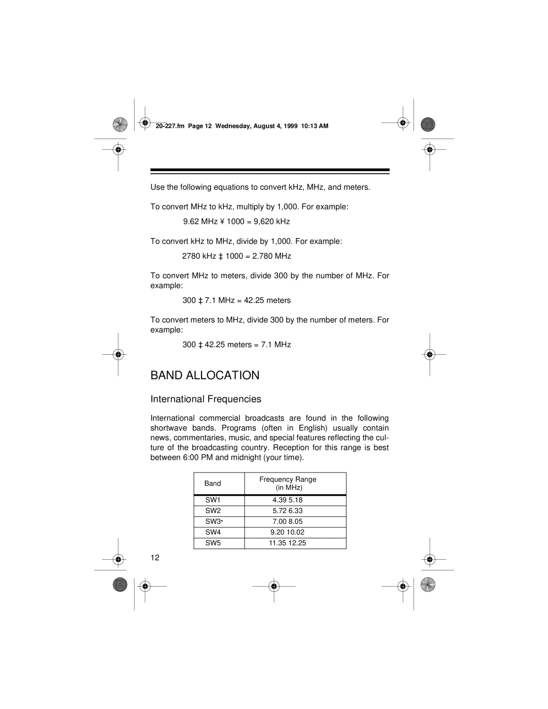 Radio Shack DX-397 owner manual Band Allocation, International Frequencies 