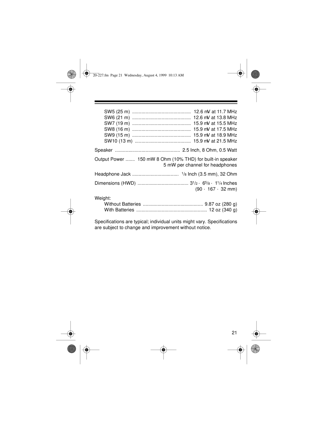 Radio Shack DX-397 owner manual Inch, 8 Ohm, 0.5 Watt 