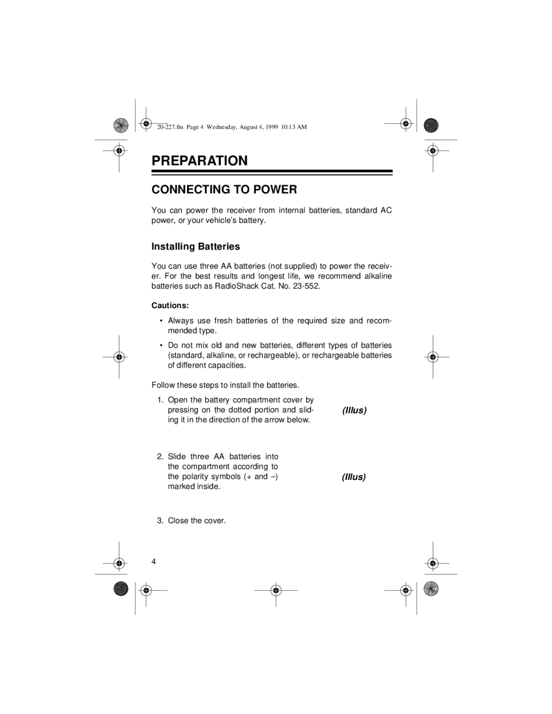 Radio Shack DX-397 owner manual Preparation, Connecting to Power, Installing Batteries 