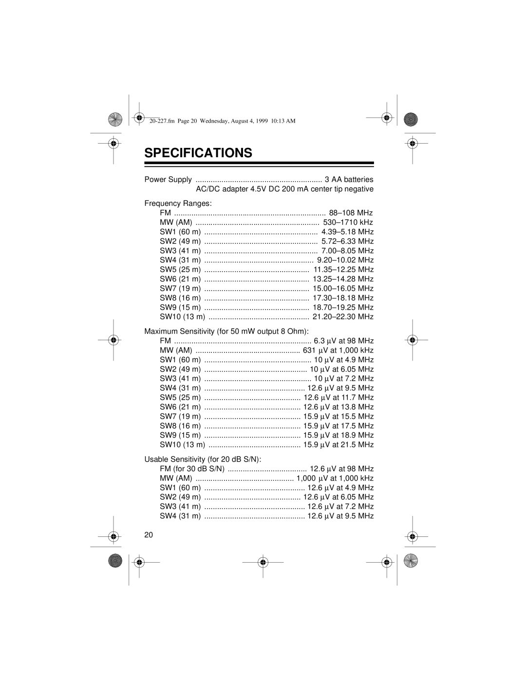 Radio Shack DX-397 owner manual Specifications 