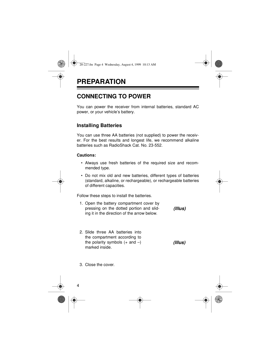 Radio Shack DX-397 owner manual Preparation, Connecting To Power, Installing Batteries, Illus, Cautions 