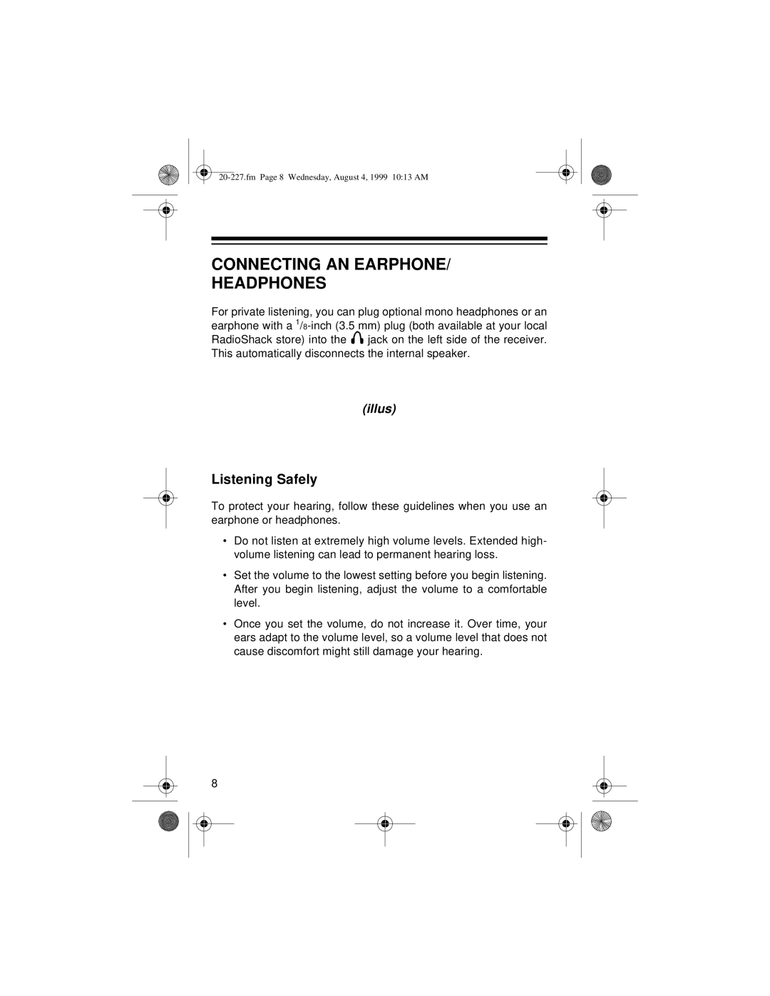 Radio Shack DX-397 owner manual Connecting An Earphone Headphones, Listening Safely, illus 