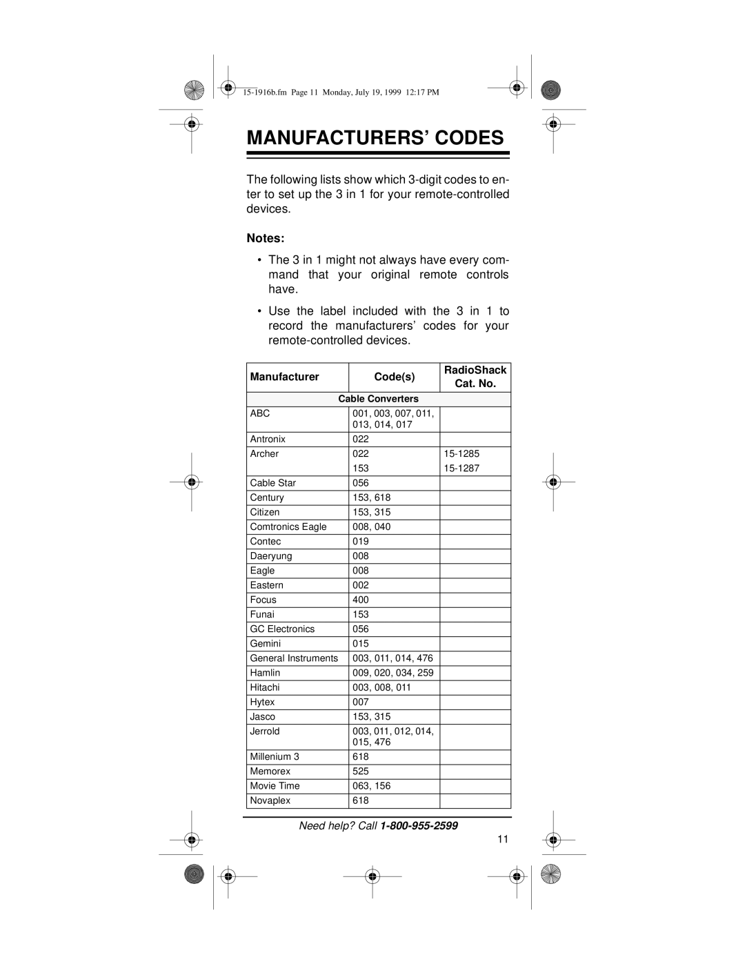 Radio Shack Easy Remote owner manual MANUFACTURERS’ Codes, Manufacturer Codes RadioShack Cat. No 