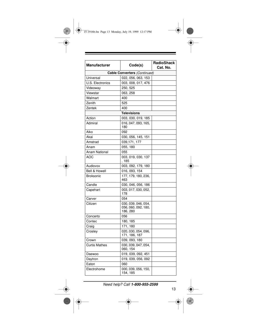 Radio Shack Easy Remote owner manual Televisions, Aoc 