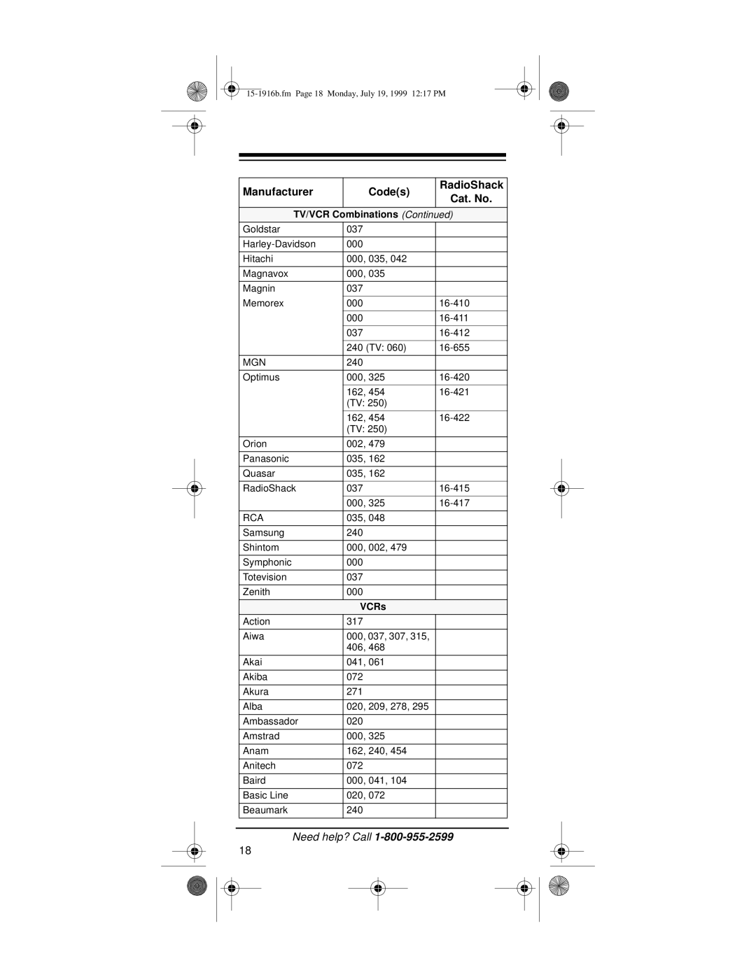 Radio Shack Easy Remote owner manual TV/VCR Combinations, Mgn 