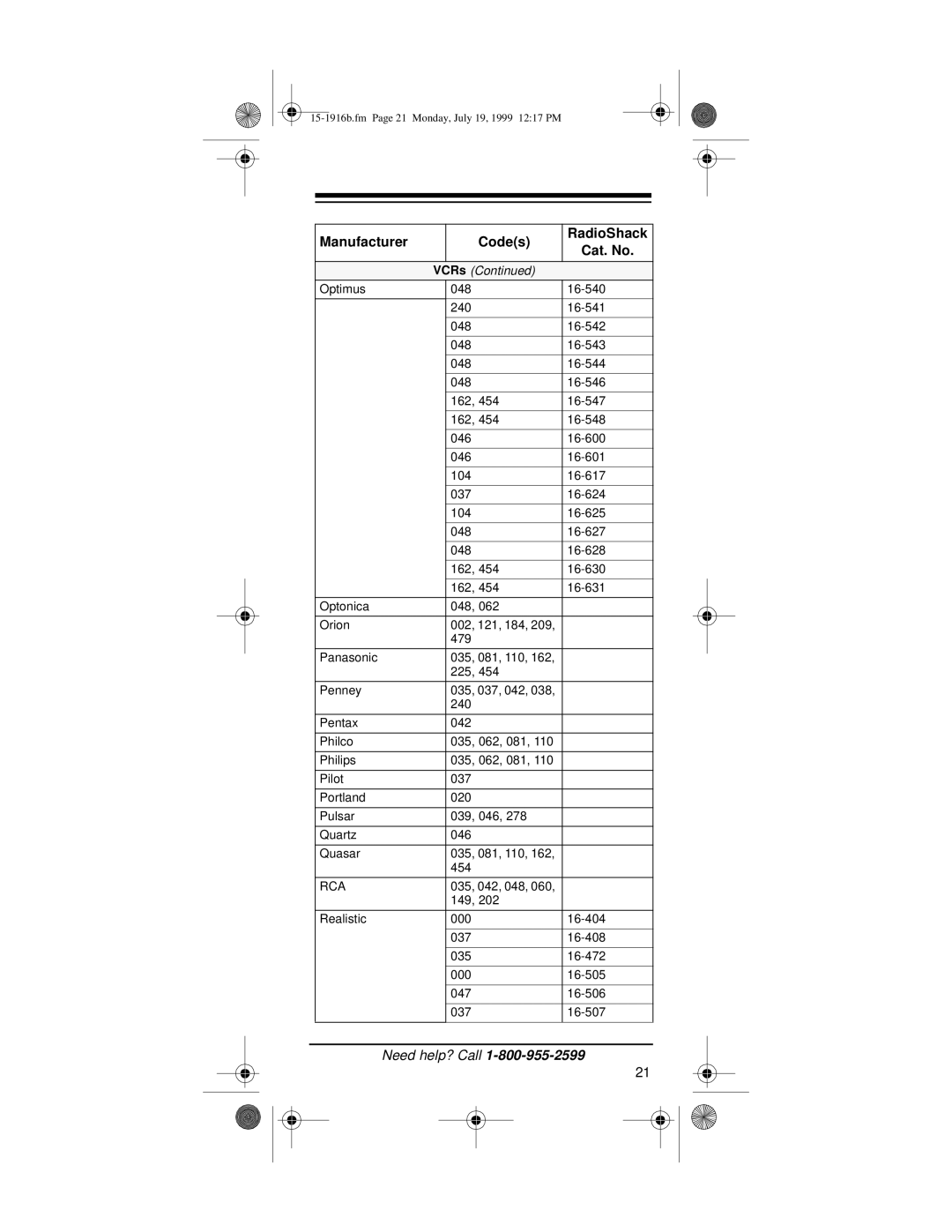 Radio Shack Easy Remote owner manual 15-1916b.fm Page 21 Monday, July 19, 1999 1217 PM 