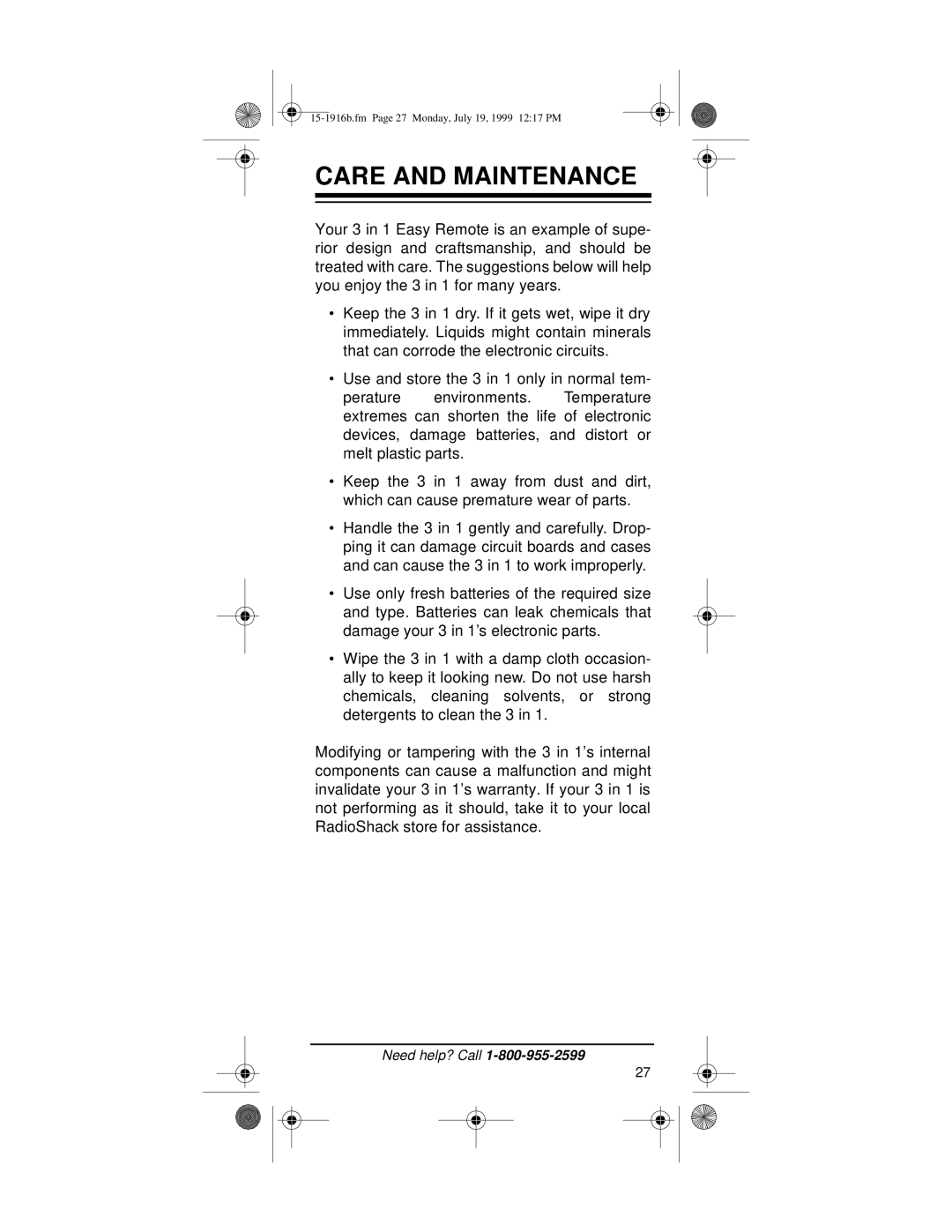 Radio Shack Easy Remote owner manual Care and Maintenance 