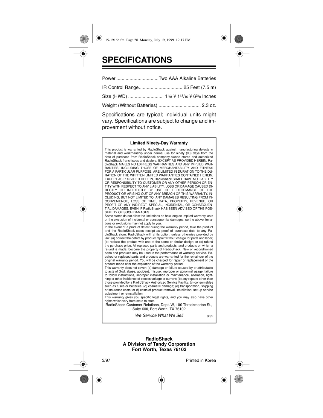 Radio Shack Easy Remote owner manual Specifications, Limited Ninety-Day Warranty 