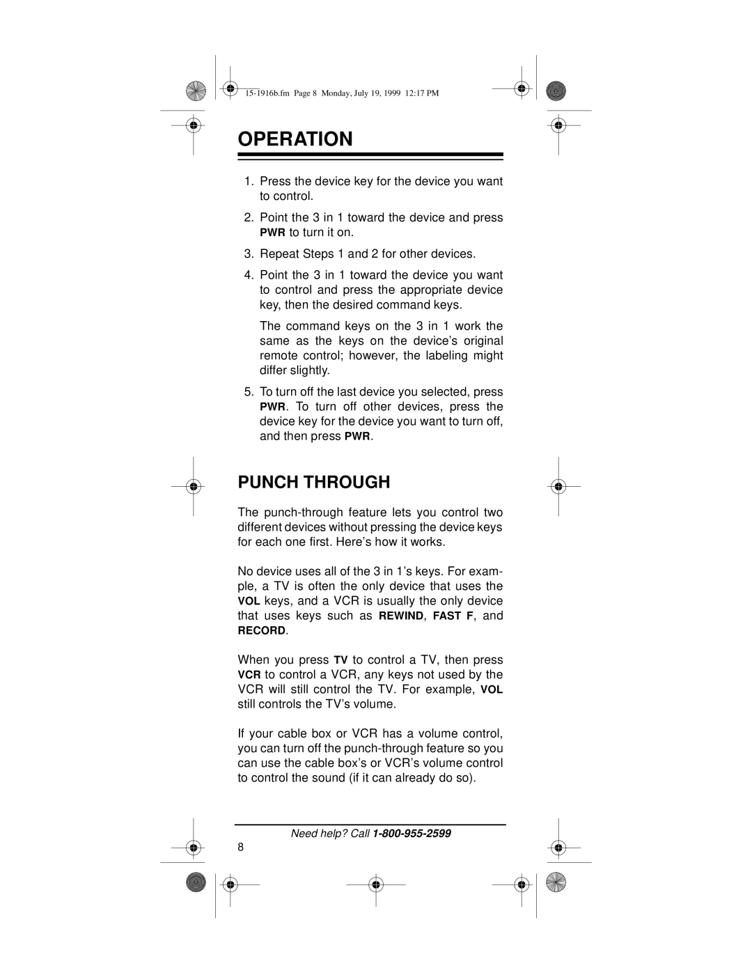 Radio Shack Easy Remote owner manual Operation, Punch Through 