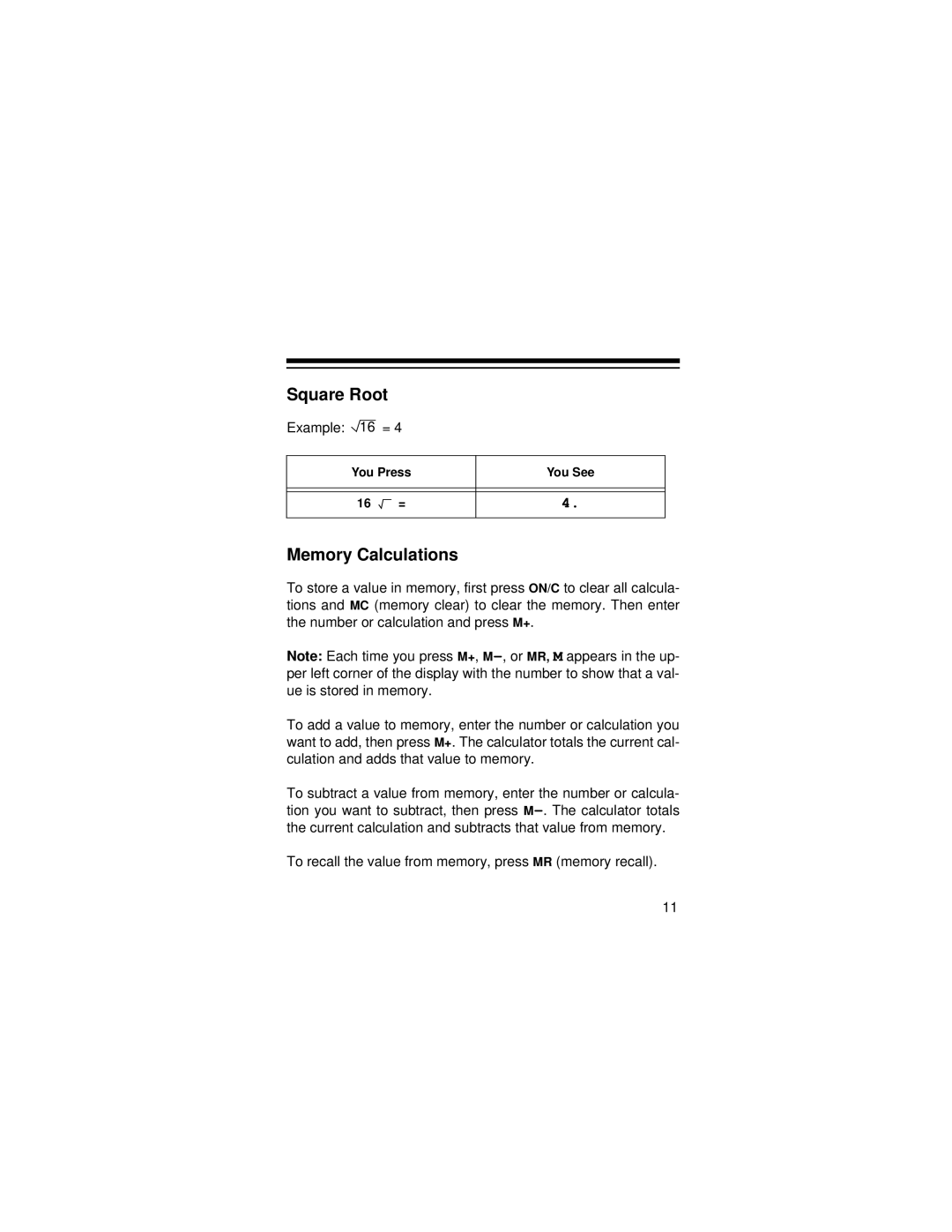 Radio Shack EC-2037 owner manual Square Root, Memory Calculations 