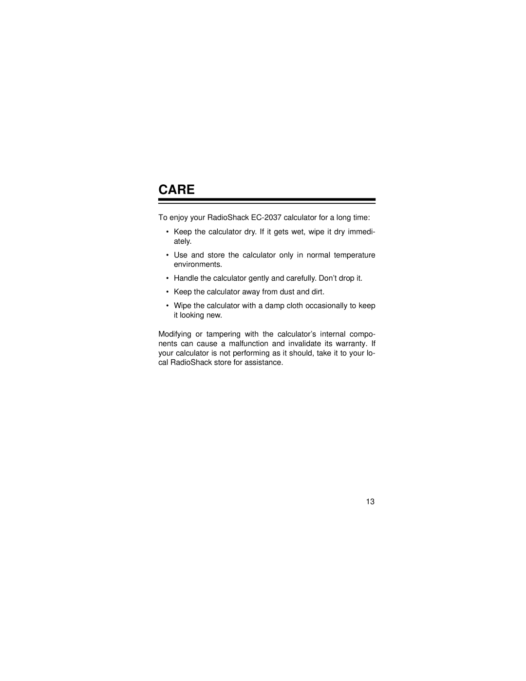 Radio Shack EC-2037 owner manual Care 