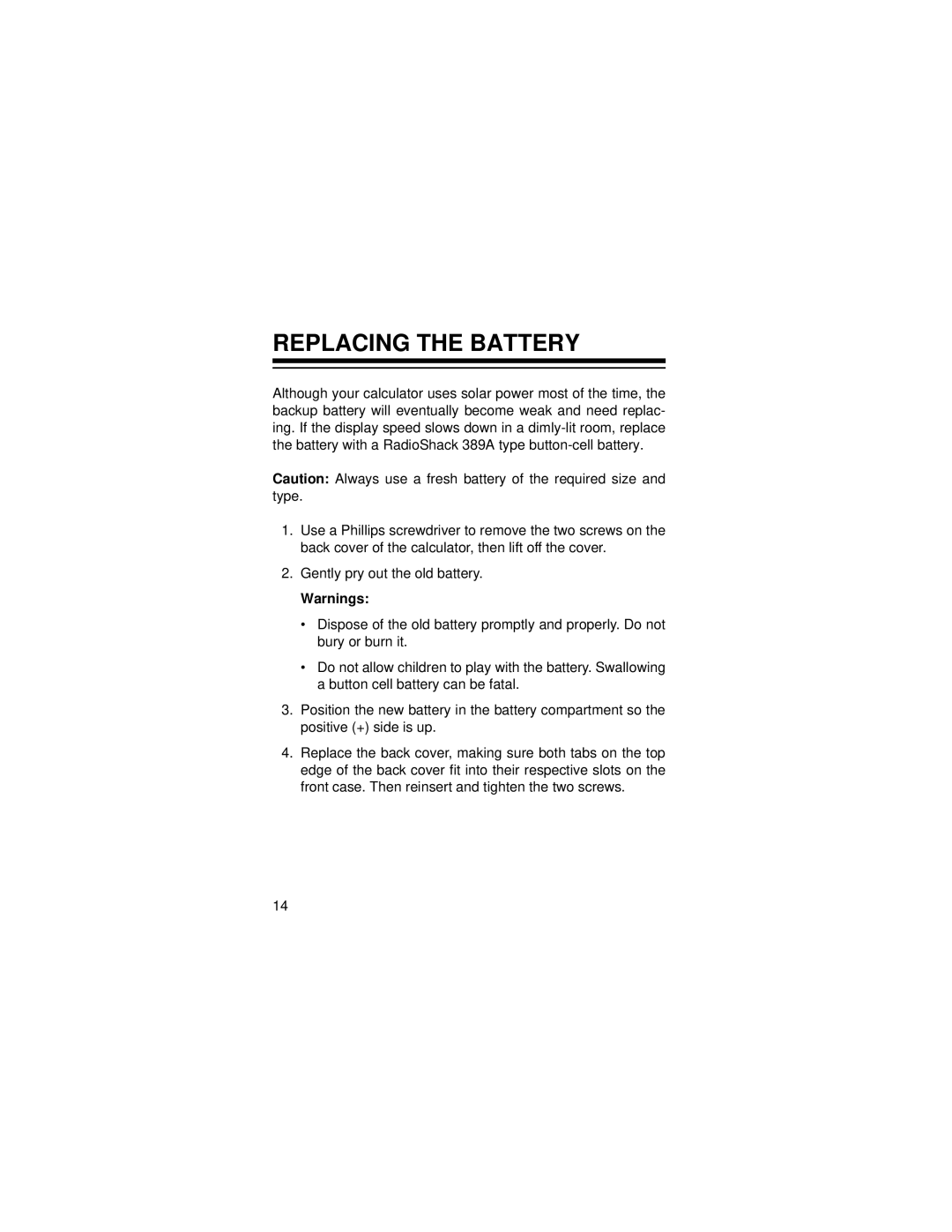 Radio Shack EC-2037 owner manual Replacing the Battery 