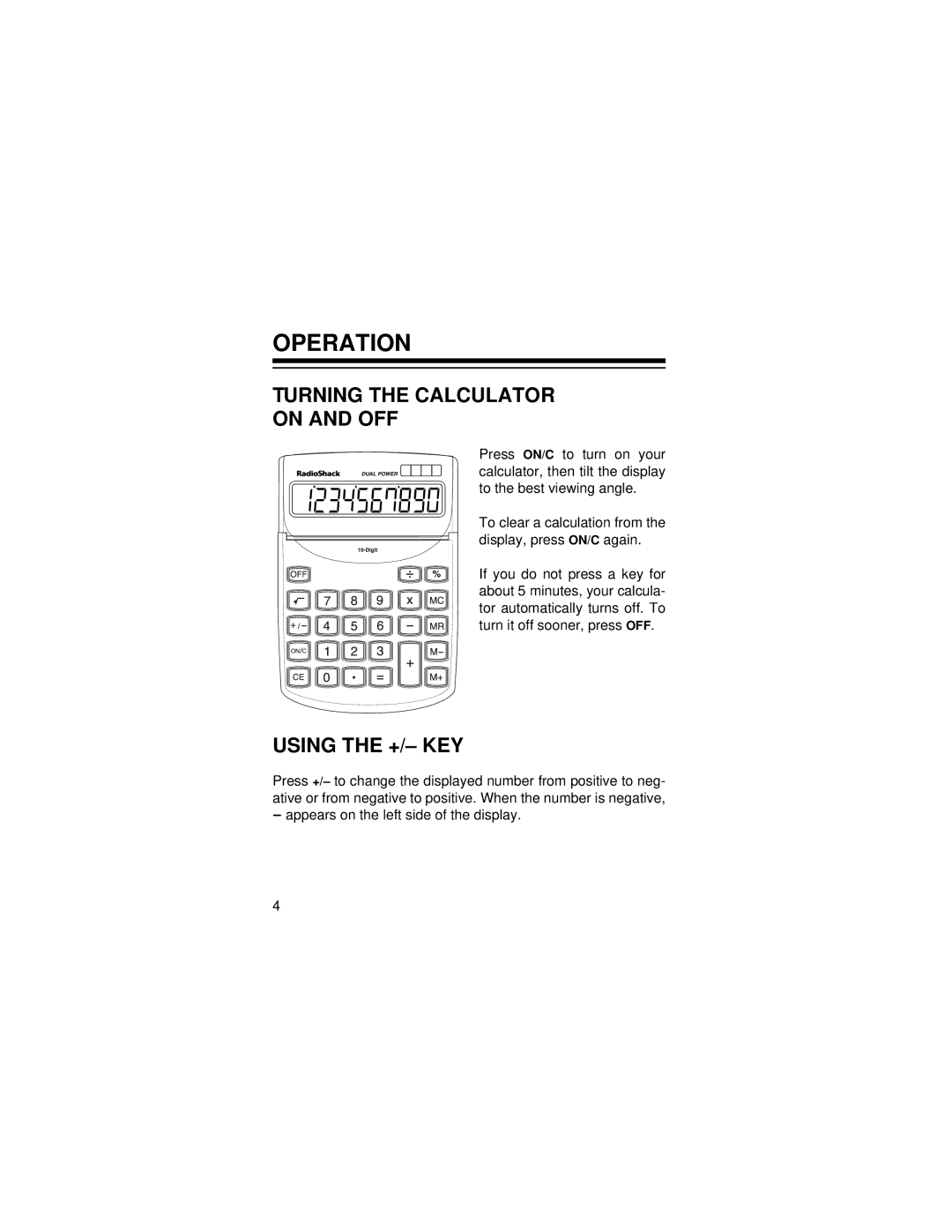 Radio Shack EC-2037 owner manual Operation, Turning the Calculator On and OFF 