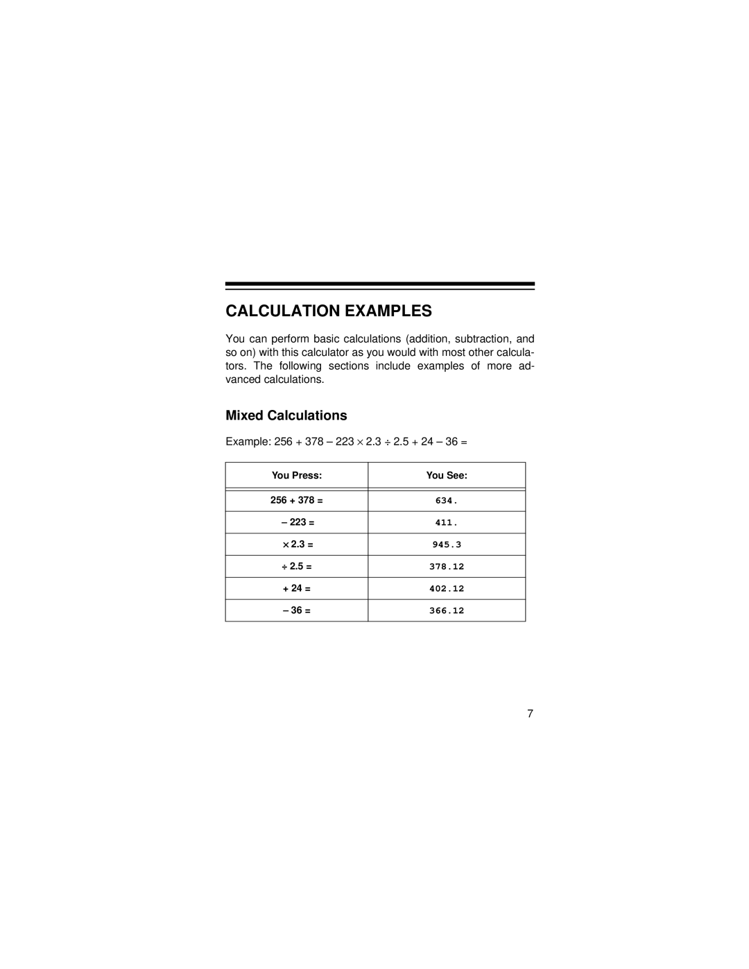 Radio Shack EC-2037 owner manual Calculation Examples, Mixed Calculations 