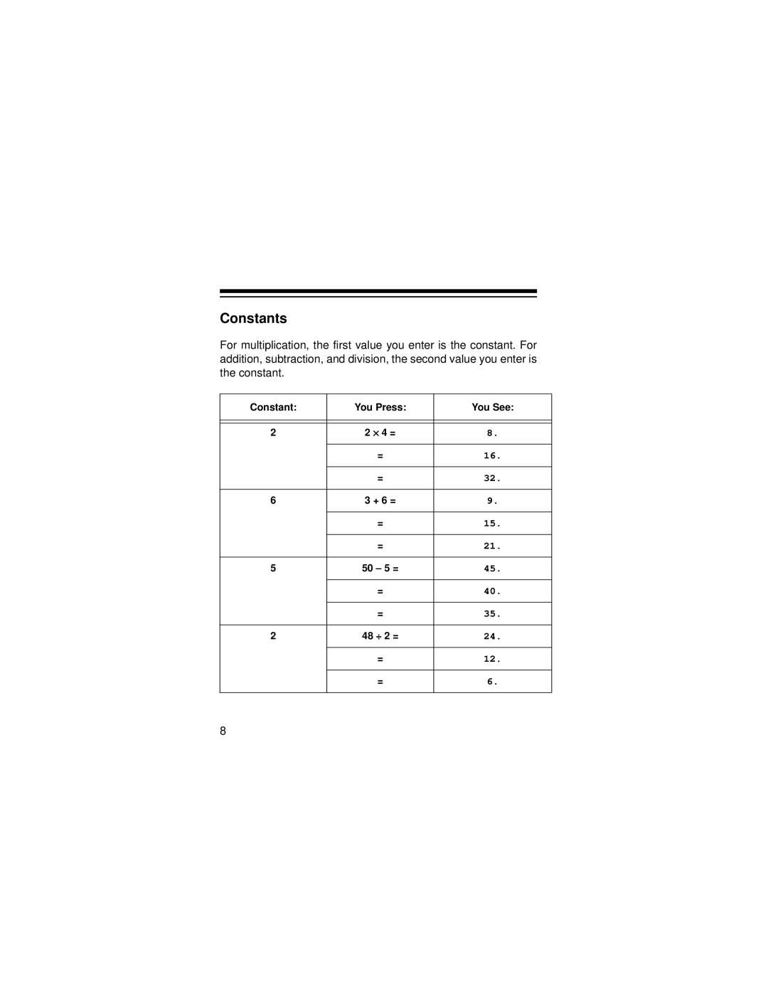 Radio Shack EC-2037 owner manual Constants 