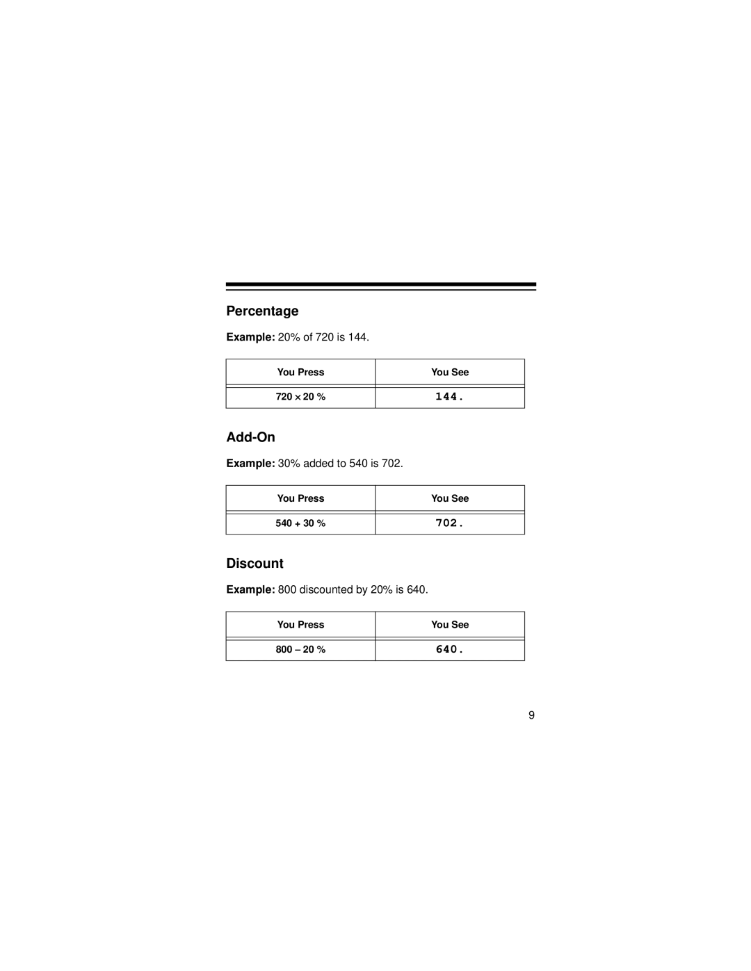 Radio Shack EC-2037 owner manual Percentage, Add-On, Discount 