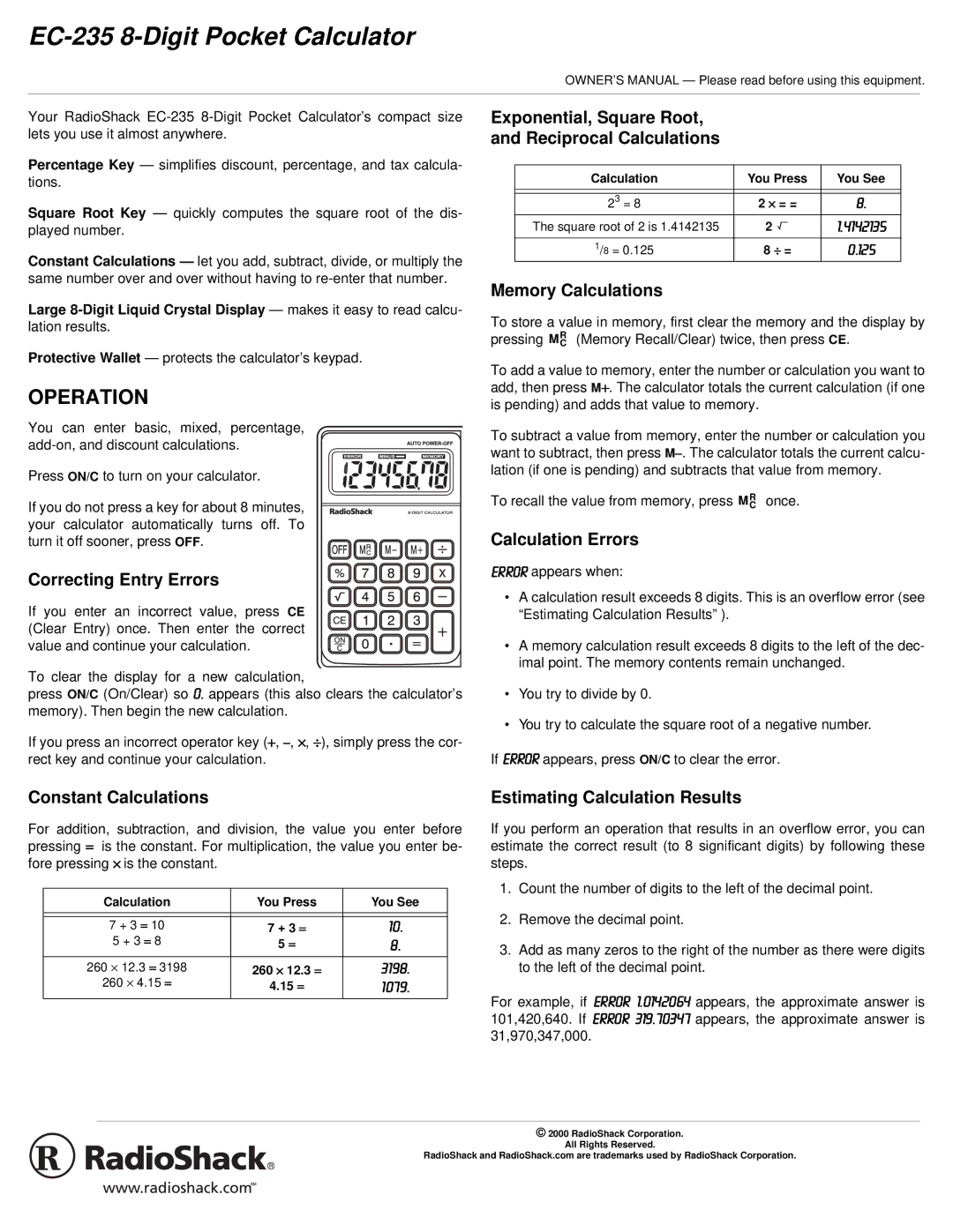 Radio Shack EC-235 owner manual Operation 