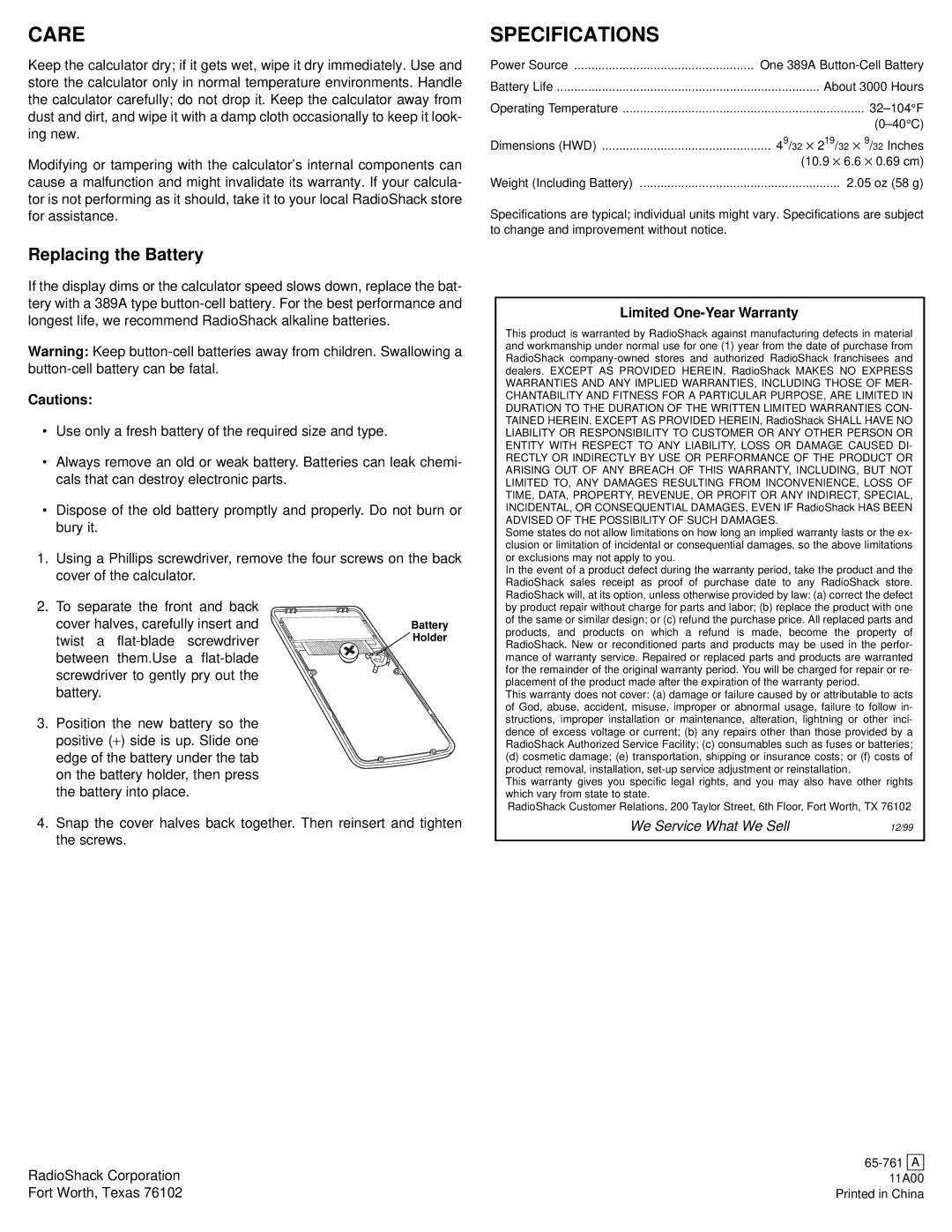 Radio Shack EC-235 owner manual Care, Specifications, Replacing the Battery 