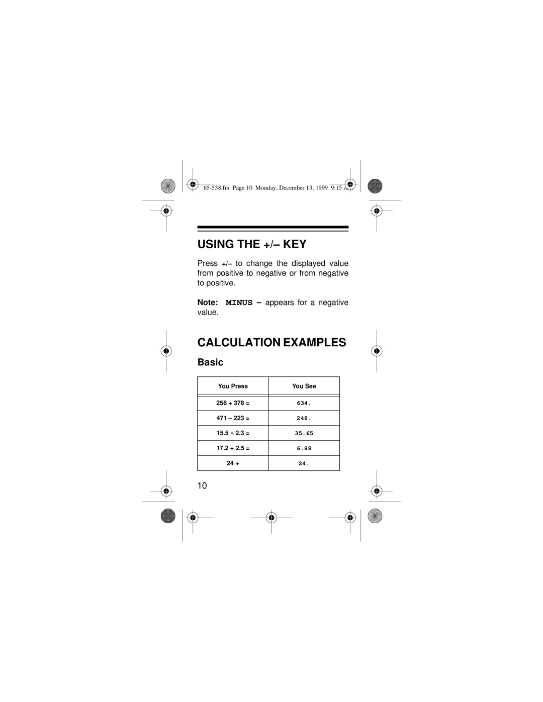 Radio Shack EC-252 owner manual Using the +/- KEY, Calculation Examples, Basic 